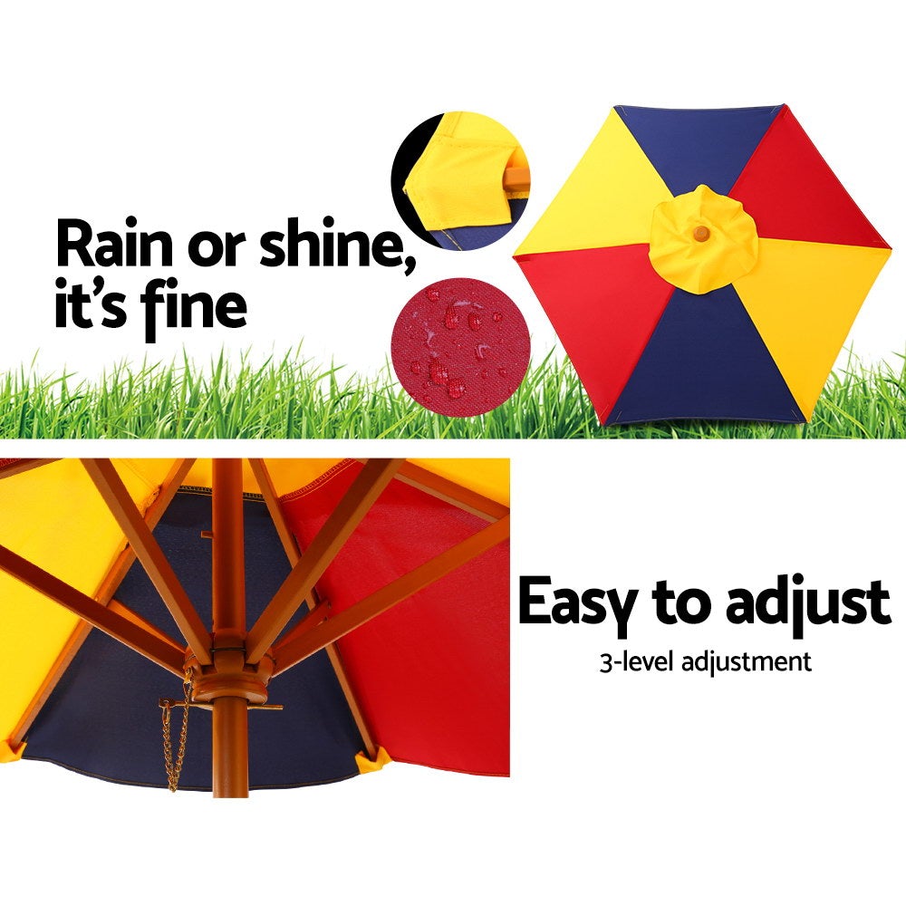 Keezi Kids Wooden Picnic Table Set featuring a colorful table, two benches, and a sturdy umbrella, perfect for outdoor play.